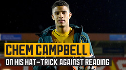 Campbell reacts to his perfect hat-trick v Reading